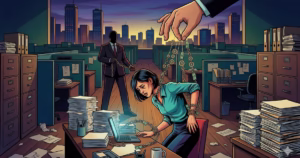 Ilustración de una trabajadora en una oficina siendo manipulada por una mano gigante desde arriba, representando el control laboral o la presión en el trabajo.